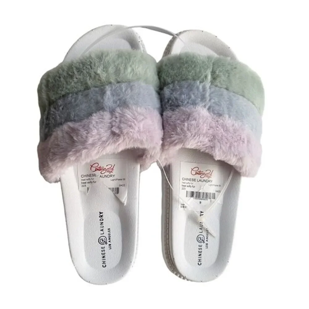 Chinese Laundry Sandal Womens Size 9 Open Toe Faux Fur Accent Platform‎ Slip On